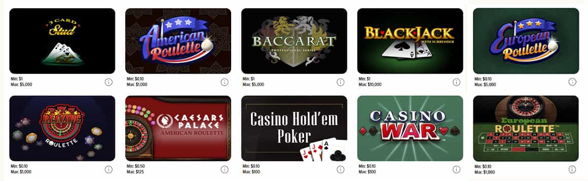 An overview of the available table games at Caesars Palace Online Casino