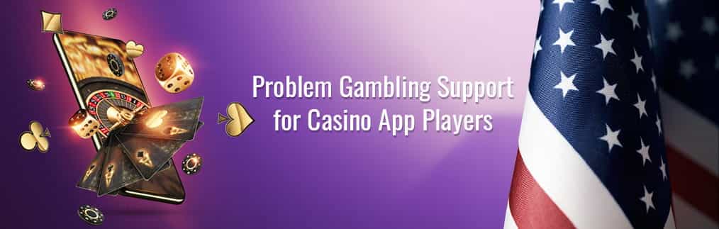 Problem gambling support with a mobile devices, playing cards, dice and an American flag.