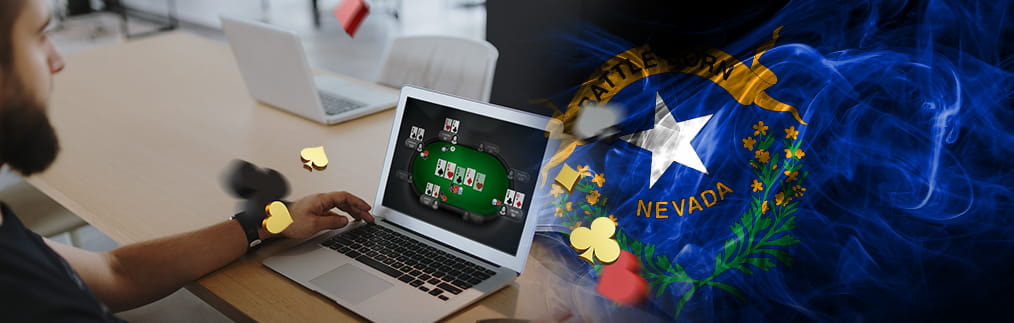 A man playing online poker on a laptop with a Nevada state flag