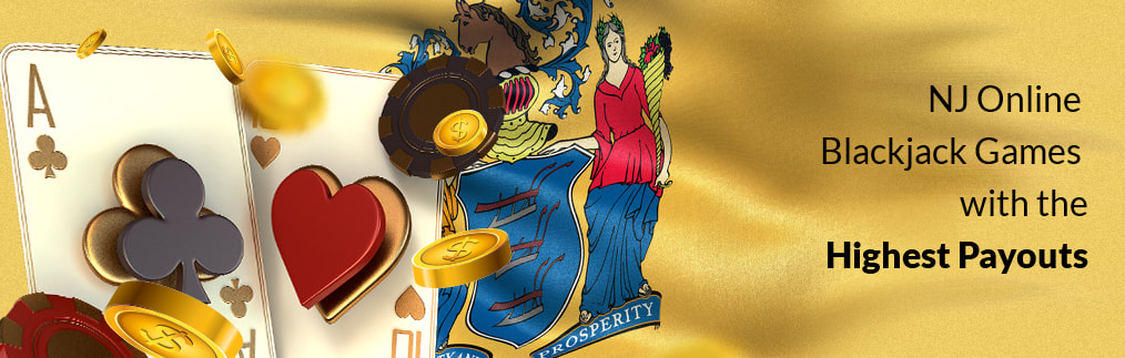 Ace of Spades, 10 of Hearts and flying gold coins and chips, representing a winning hand, over the New Jersey state flag.