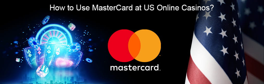 The Mastercard logo between neon colored cards, chips, roulette wheel, and an American flag