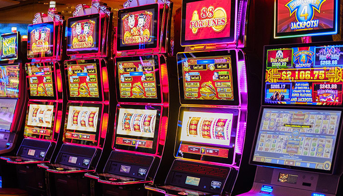 A row of slot machines in a casino