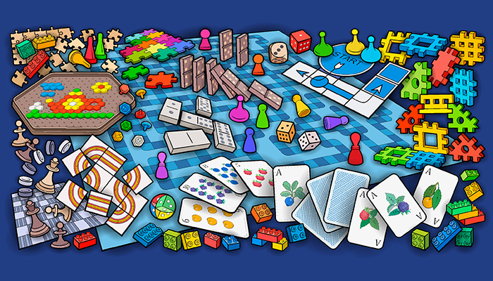 An illustration of different board games.