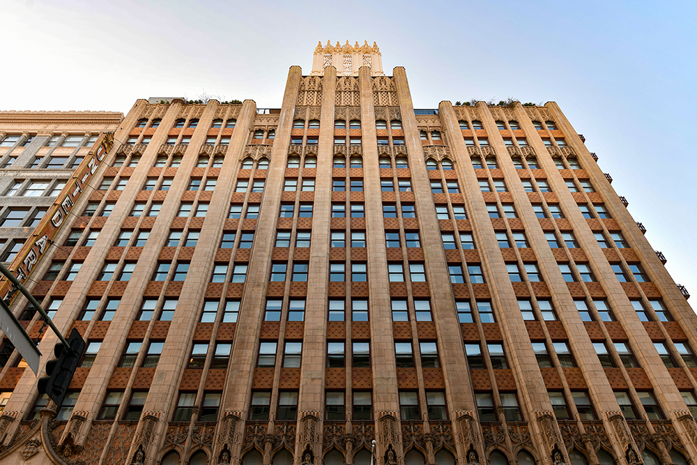 Low Angle photo looking up at the Ace Hotel in Los Angeles containing the United Artists Theatre where Babylon movie was filmed.