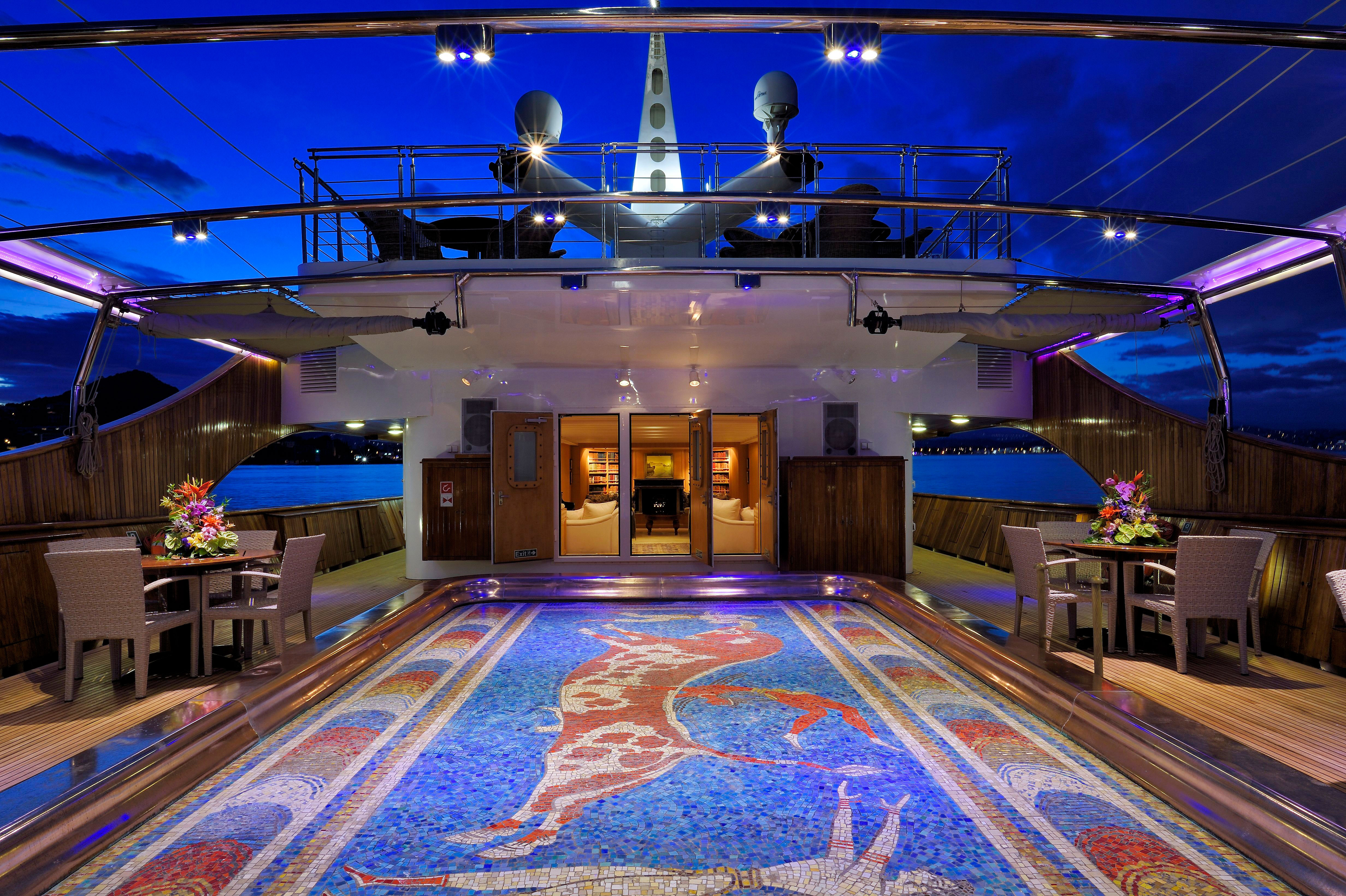 Deck and floor mosaic view of the Christina O Yacht where the Triangle of Sadness movie was filmed.