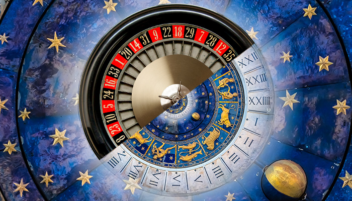 A half roulette wheel and zodiac wheel with stars.