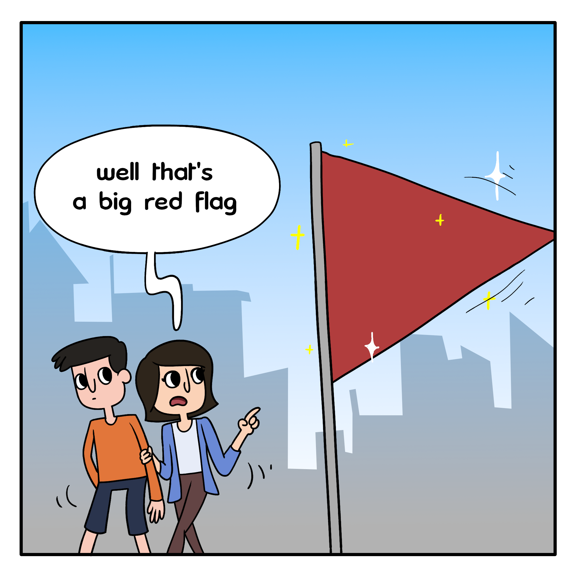 A couple walking past a big red flag