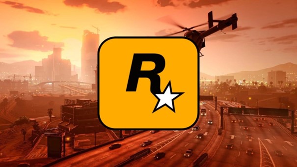 The Rockstar logo overlayed on Grand Theft Auto V.