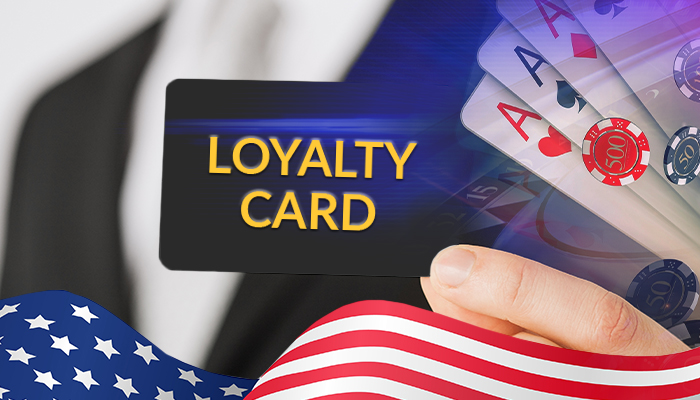 A casino loyalty card with playing cards, a roulette wheel and an american flag.