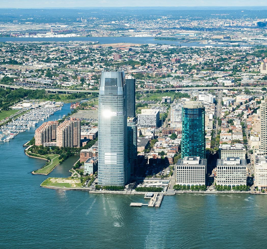The 30 Hudson Street skyscraper and foreshore in New Jersey