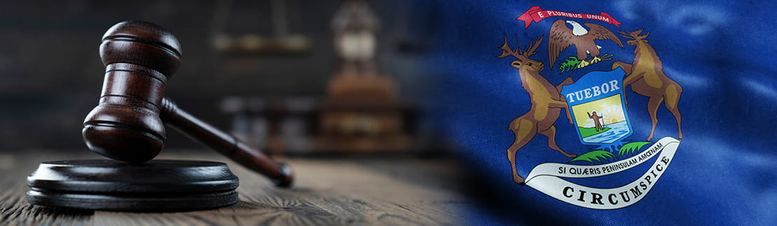 A judge's gavel next to the Michigan state flag.