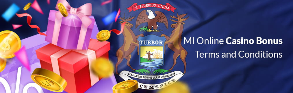 Image depicting Michigan casino bonus T&C's, including the state crest, gift boxes, coins, and confetti.