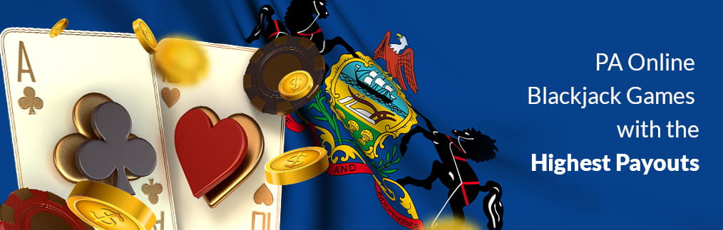 Ace of Spades, 10 of Hearts and flying gold coins and chips, representing a winning hand, over the Pennsylvania state flag.