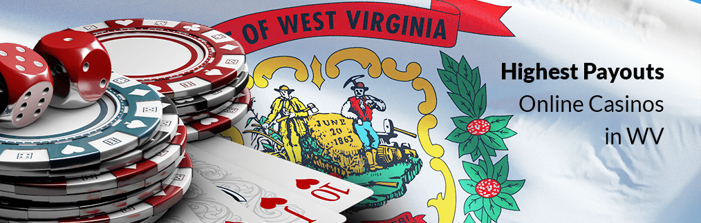 Casino chips, playing cards, and dice rest on top of a West Virginia state flag.