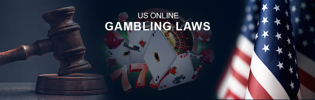 Gambling laws with a judges gavel, casino imagery and a U.S. flag.  