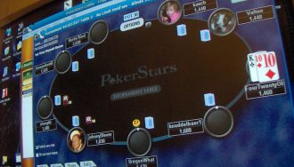 A PokerStars virtual poker game in progress on a computer screen