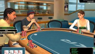 An online poker game, with virtual players and stacked chips