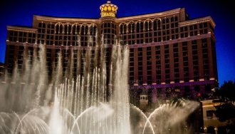 Night view of Bellagio, Las Vegas, with the fountains in full swing