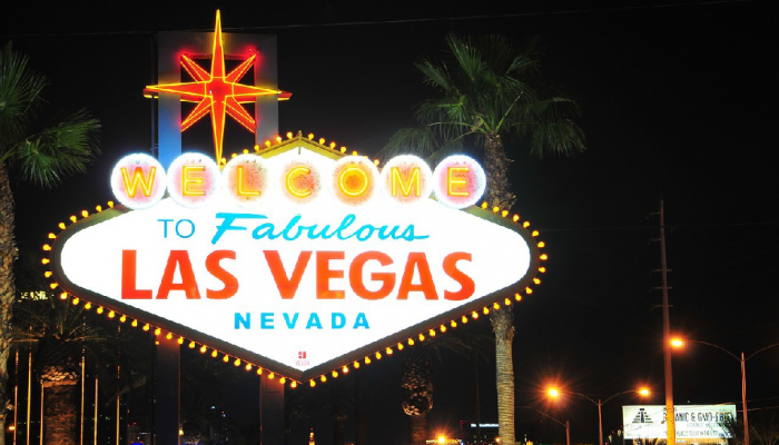 Lit-up “Welcome to Fabulous Las Vegas, Nevada” sign, night-view