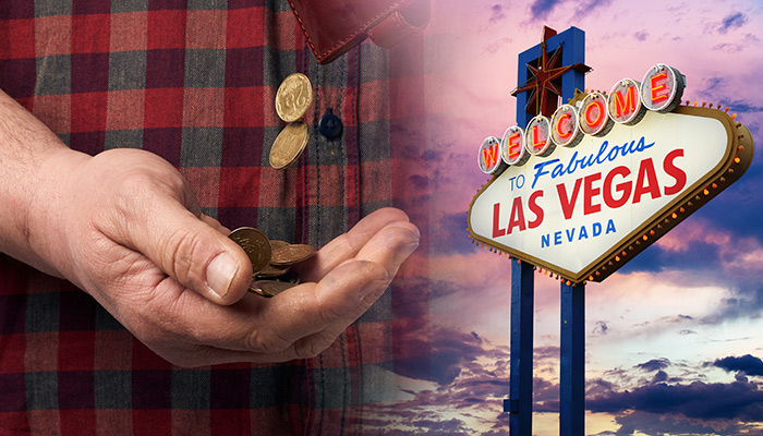 A Collage of the Las Vegas Welcome Sign and a Man Counting Coins