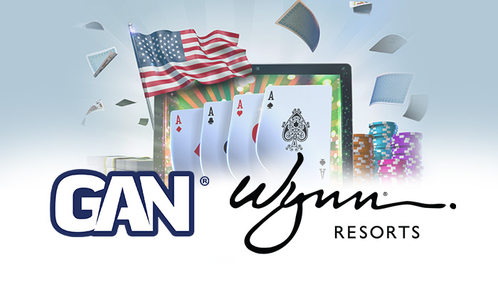 Gan and Winn Resorts Logos Over Casino Elements and the USA Flag
