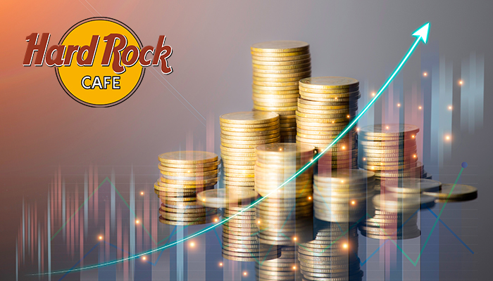 Hard Rock Cafe Logo next to a Pile of Coins and a Blue Arrow Rising