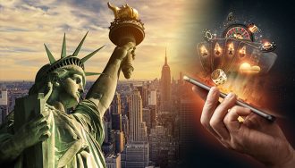 The Statue of Liberty next to a Phone with Popping Casino Elements