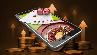 Raising Arrows Over Golden Coins with Casino Elements Popping from a Phone