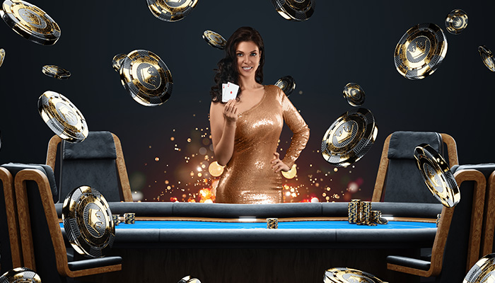 A Woman Holding Cards on a Casino Table with Falling Black and Gold Chips with Crowns